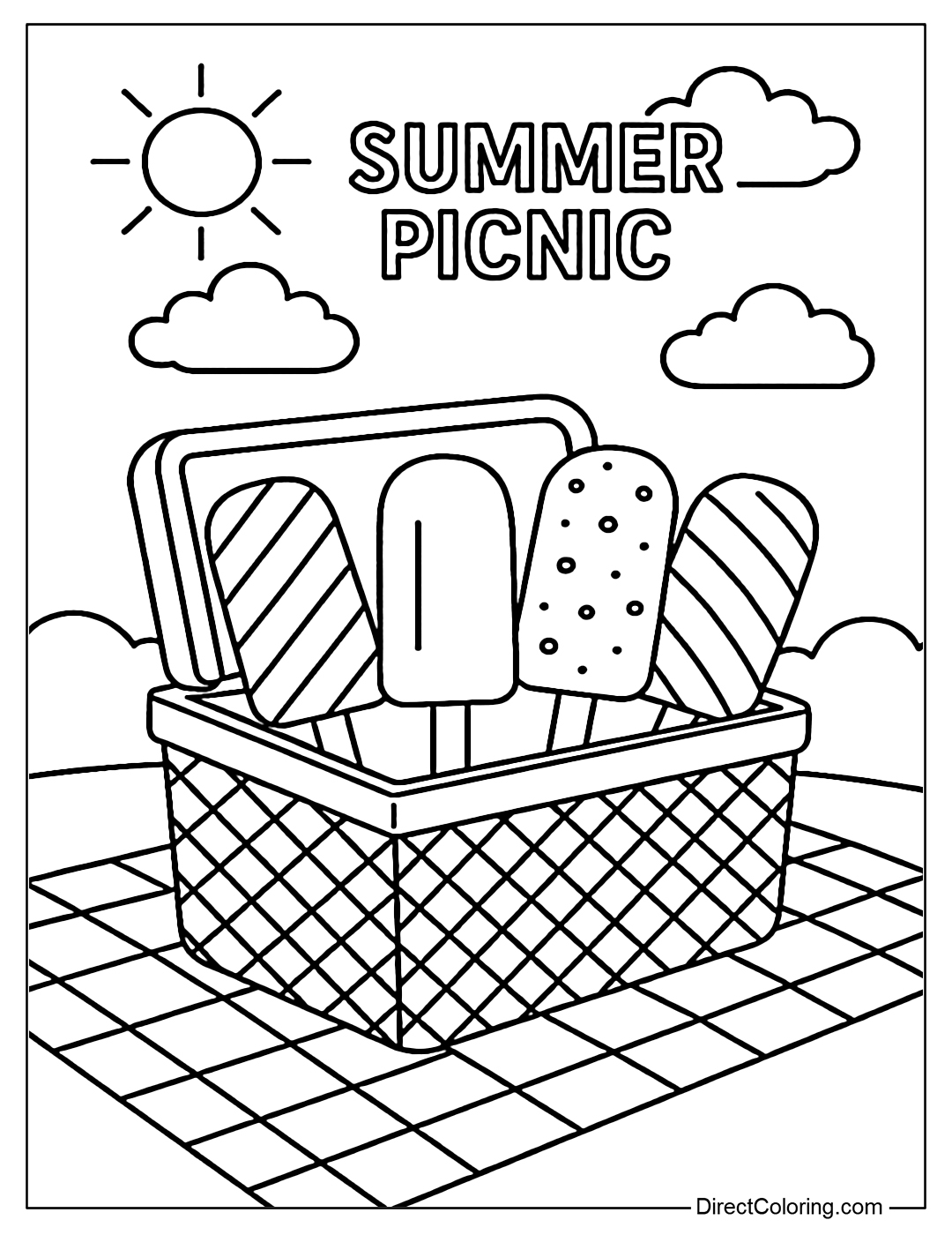 A summer picnic coloring page, with popsicles in a cooler.